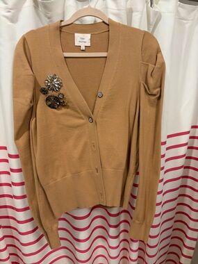 cinq a sept Camel Brooch V-Neck Cardigan